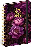 Diář 18měsíční spirálový 2025/2026 Petito - Fialové květy, 13 x 18 cm