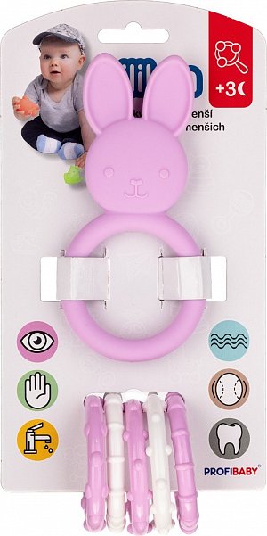 Kousátko zvířátko + přívěsky silikon/plast 7-8cm mix druhů  na kartě 3m+