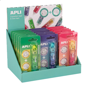 APLI korekční a lepicí strojek 2 v 1, 18 ks, displej, mix barev