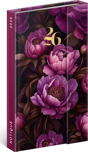 NOTIQUE Týdenní magnetický diář Fialové květy 2026, 13 x 21 cm