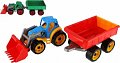 Traktor/nakladač/bagr s vlekem se lžící plast na volný chod 2 barvy v síťce 16x61x16cm