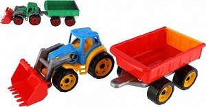 Traktor/nakladač/bagr s vlekem se lžící plast na volný chod 2 barvy v síťce 16x61x16cm
