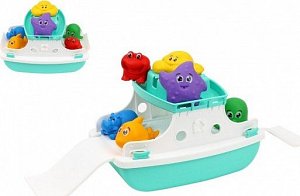 Loď/Trajekt do vody plast s doplňky v síťce 16x16x25cm