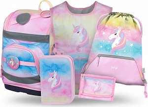 BAAGL SET 5 Zippy Plus Rainbow Unicorn: aktovka, penál, sáček, zástěra, peněženka
