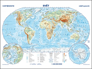Svět - reliéf a povrch / státy a území - příruční mapa 1:85 000 000, 6.  vydání